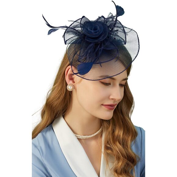 9985 Fascinators For Women With Feather Mesh Veil Headband Bridal Wedding main image 6